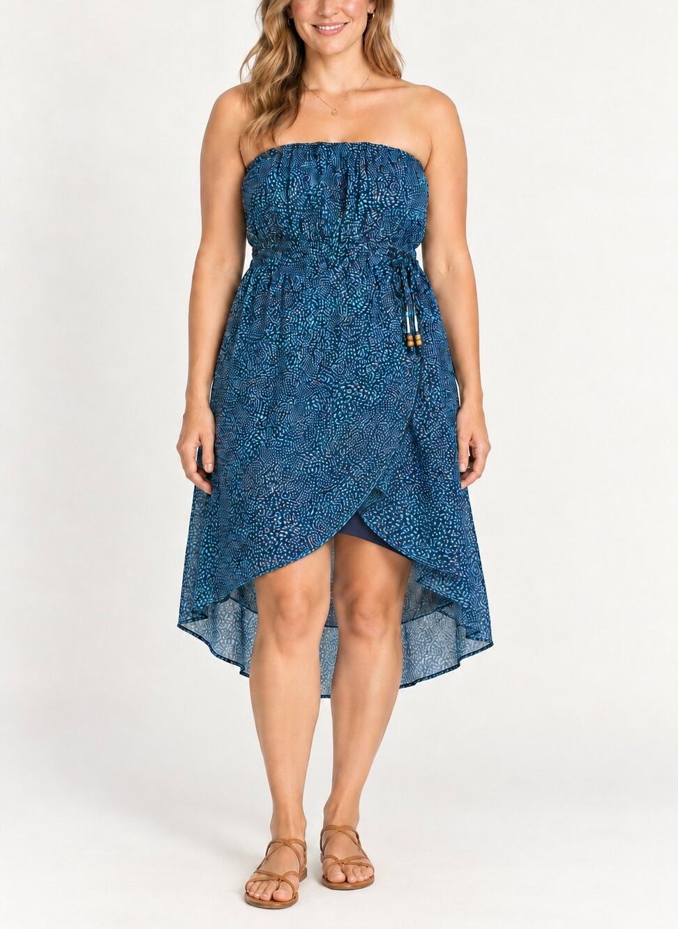 Roxy Womens L Blue Teal Strapless High Low Chiffon Beach Dress Boho